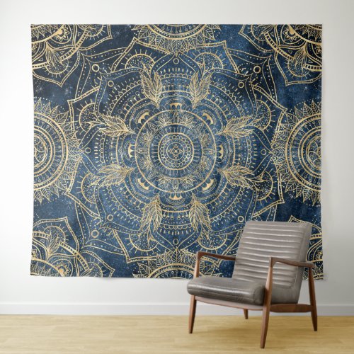 Elegant Gold Mandala Blue Whimsy Design Tapestry