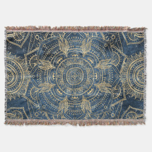 Elegant Gold Mandala Blue Whimsy Design Throw Blanket