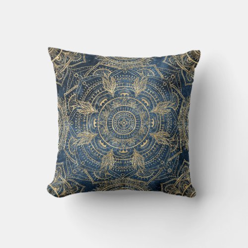 Elegant Gold Mandala Blue Whimsy Design Throw Pillow