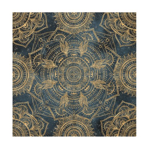 Elegant Gold Mandala Blue Whimsy Design Wood Wall Art