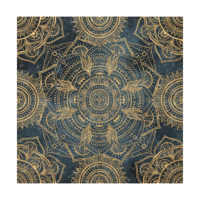 Elegant Gold Mandala Blue Whimsy Design Wood Wall Art (Front)