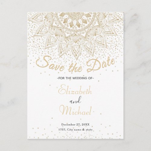 Elegant Gold Mandala Confetti Design Announcement Postcard