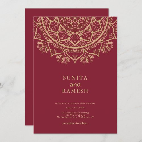 Elegant Gold Mandala Dark Red Indian Wedding Invitation
