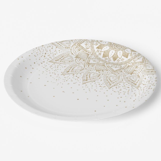 Elegant Gold Mandala Dots Design Paper Plates (Angled)
