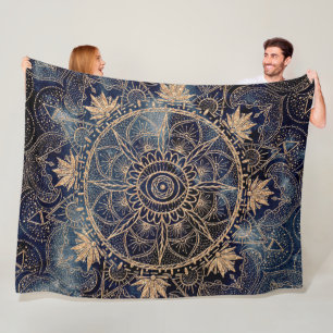 Elegant Gold Mandala Eye Sun Moon Navy Blue Fleece Blanket