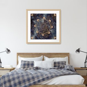Elegant Gold Mandala Eye Sun Moon Navy Blue Framed Art