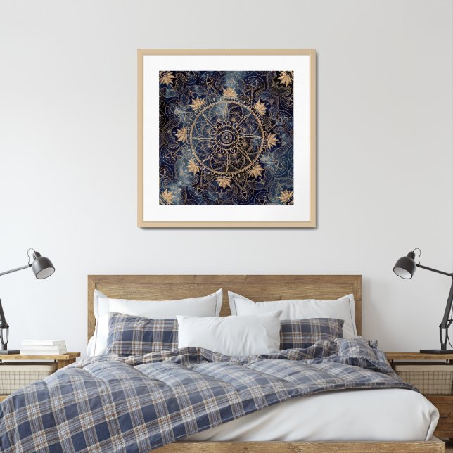 Elegant Gold Mandala Eye Sun Moon Navy Blue Framed Art (Bedroom)