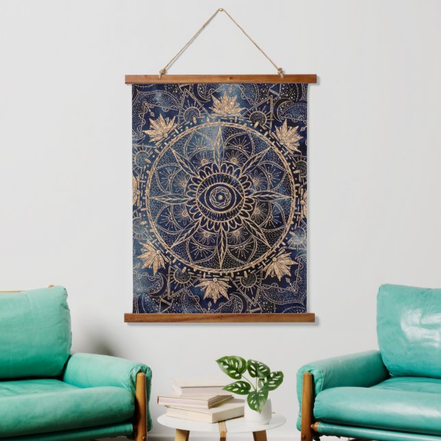 Elegant Gold Mandala Eye Sun Moon Navy Blue Hanging Tapestry (Living Room)