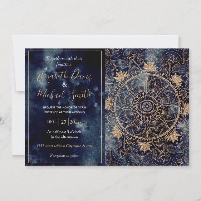 Elegant Gold Mandala Eye Sun Moon Navy Blue Invitation (Front)