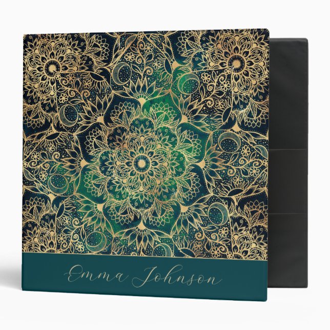 Elegant Gold Mandala Floral Green Blue 3 Ring Binder (Front/Inside)