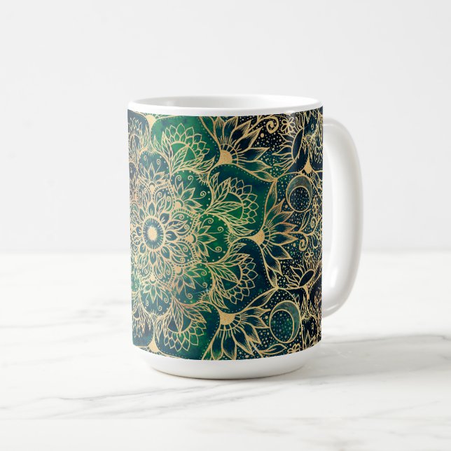 Elegant Gold Mandala Floral Green Blue Coffee Mug (Front Right)
