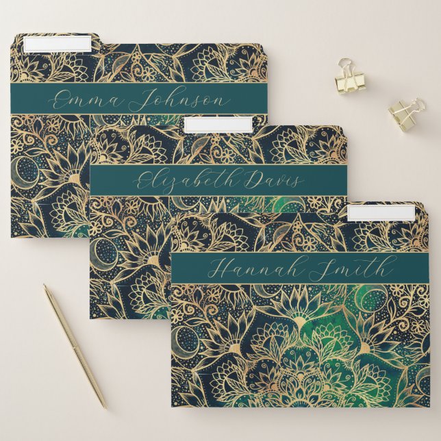 Elegant Gold Mandala Floral Green Blue File Folder (Set)