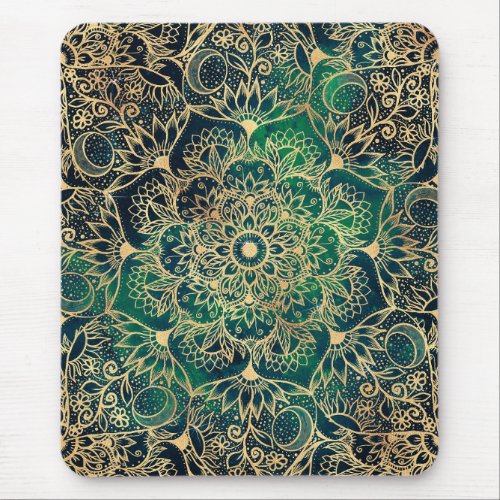 Elegant Gold Mandala Floral Green Blue Mouse Pad