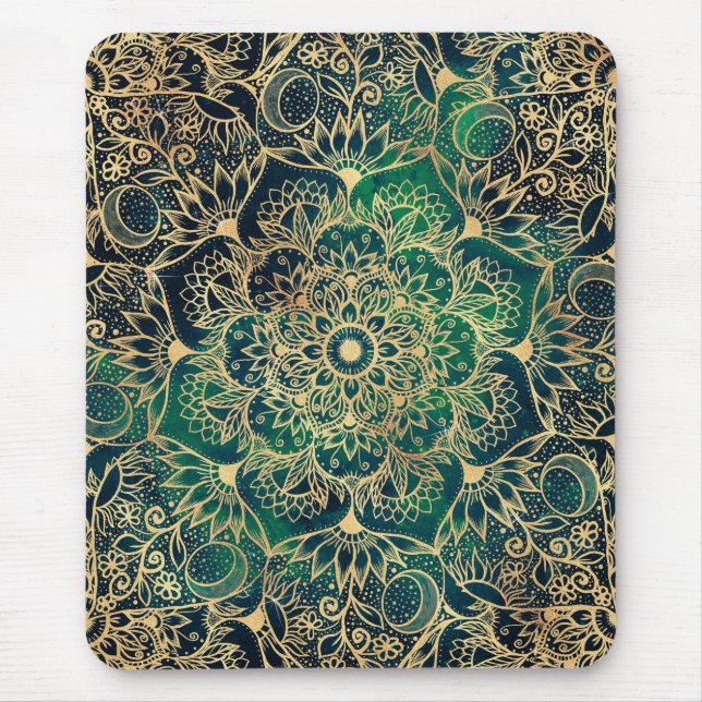 Elegant Gold Mandala Floral Green Blue Mouse Pad (Front)