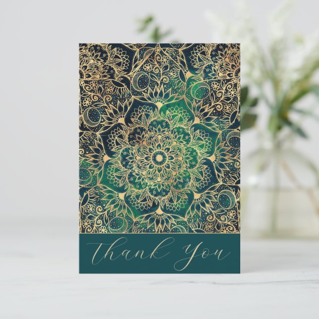 Elegant Gold Mandala Floral Green Blue Thank You Card (Standing Front)