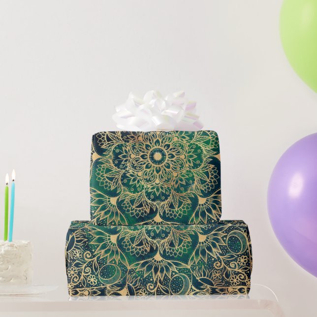 Elegant Gold Mandala Floral Green Blue Wrapping Paper (Party Gifts)
