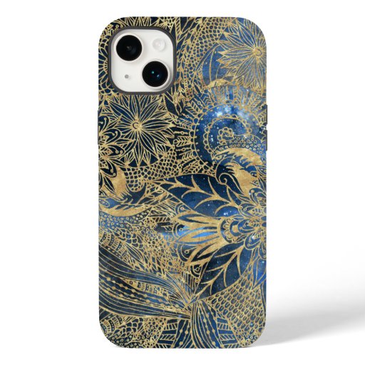 Elegant Gold Mandala Flowers Blue Nebula Case-Mate iPhone 14 Plus Case