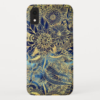 Elegant Gold Mandala Flowers Blue Nebula iPhone XR Case