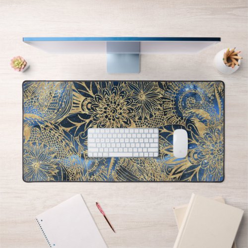 Elegant Gold Mandala Flowers Blue Nebula Desk Mat