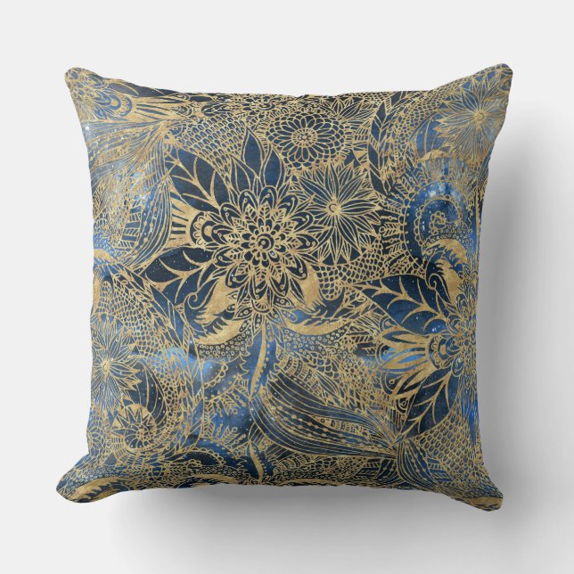 Elegant Gold Mandala Flowers Blue Nebula Throw Pillow (Front)
