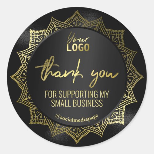 Elegant Gold Mandala On Black Thank You Logo Classic Round Sticker
