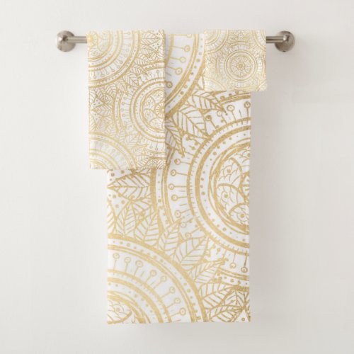 Elegant Gold Mandala Sunflower White Pattern Bath Towel Set