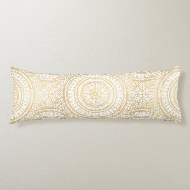 Elegant Gold Mandala Sunflower White Pattern Body Pillow (Front)