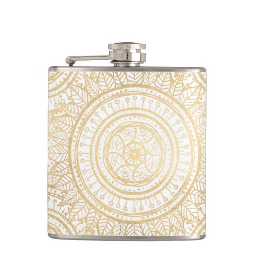 Elegant Gold Mandala Sunflower White Pattern Flask