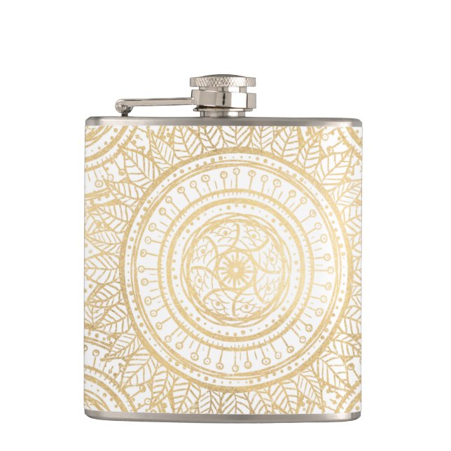 Elegant Gold Mandala Sunflower White Pattern Flask (Front)