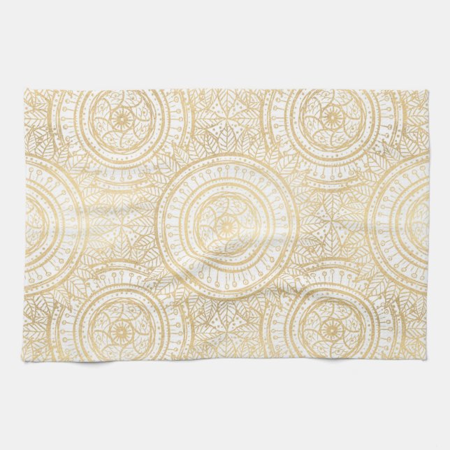 Elegant Gold Mandala Sunflower White Pattern Kitchen Towel (Horizontal)