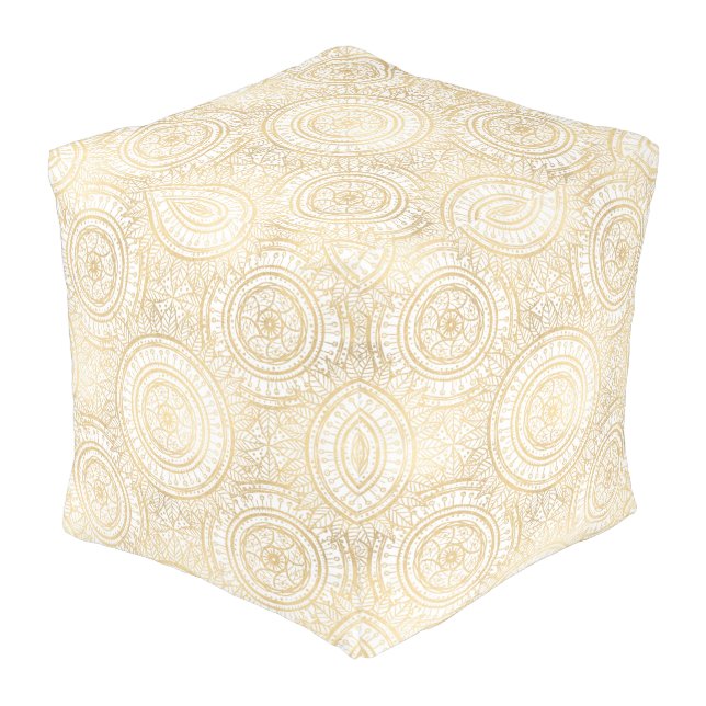 Elegant Gold Mandala Sunflower White Pattern Pouf (Angled Front)