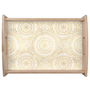 Elegant Gold Mandala Sunflower White Pattern Serving Tray