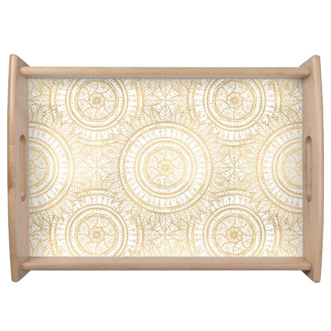 Elegant Gold Mandala Sunflower White Pattern Serving Tray (Front)