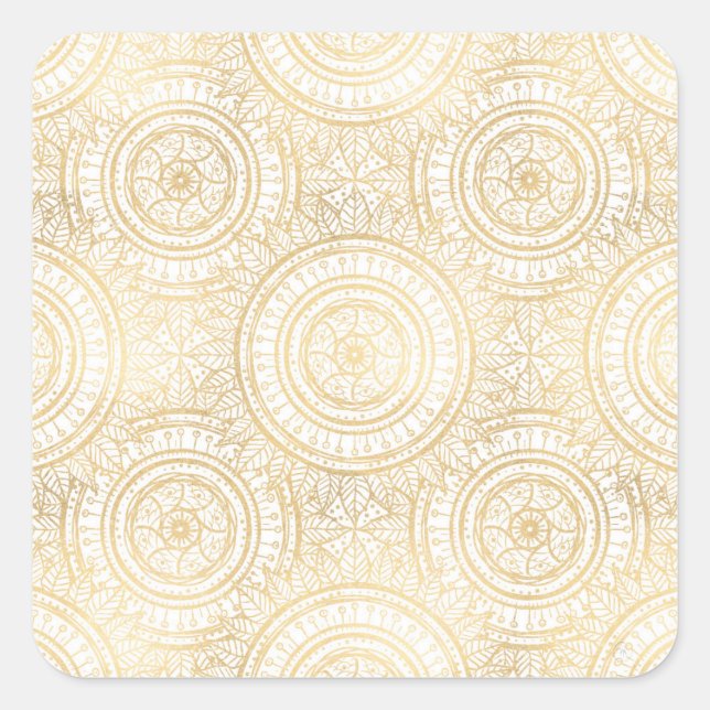 Elegant Gold Mandala Sunflower White Pattern Square Sticker (Front)