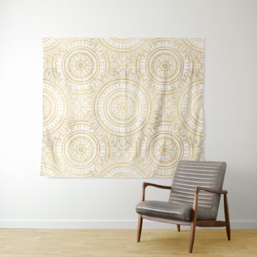 Elegant Gold Mandala Sunflower White Pattern Tapestry