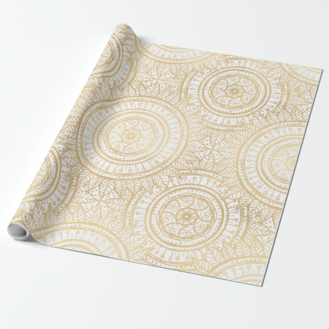 Elegant Gold Mandala Sunflower White Pattern Wrapping Paper (Unrolled)