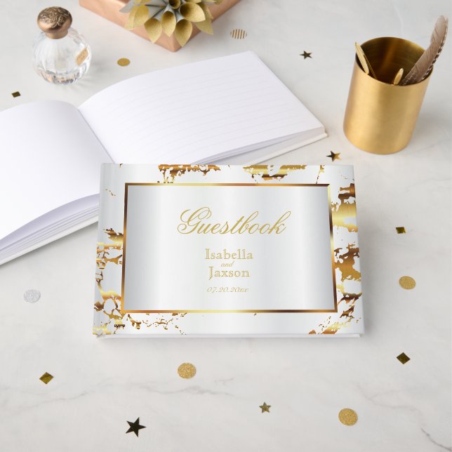 Elegant Gold Marble and White Satin Guestbook (Front Open)