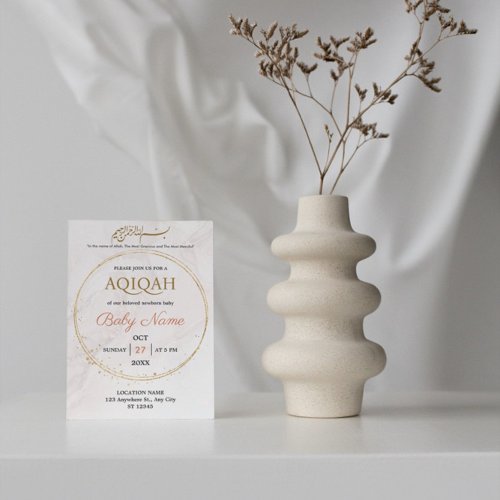 Elegant Gold Marble Cream Boy or Girl Aqiqah Invitation