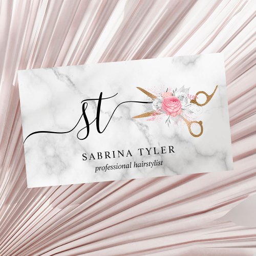 Elegant gold marble floral scissors hairstylist  business card