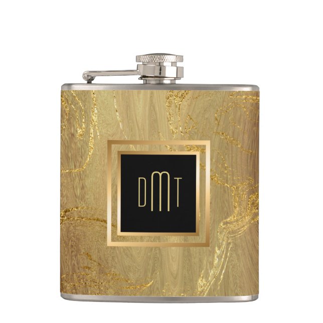 Elegant Gold Marble Monogram Flask (Front)