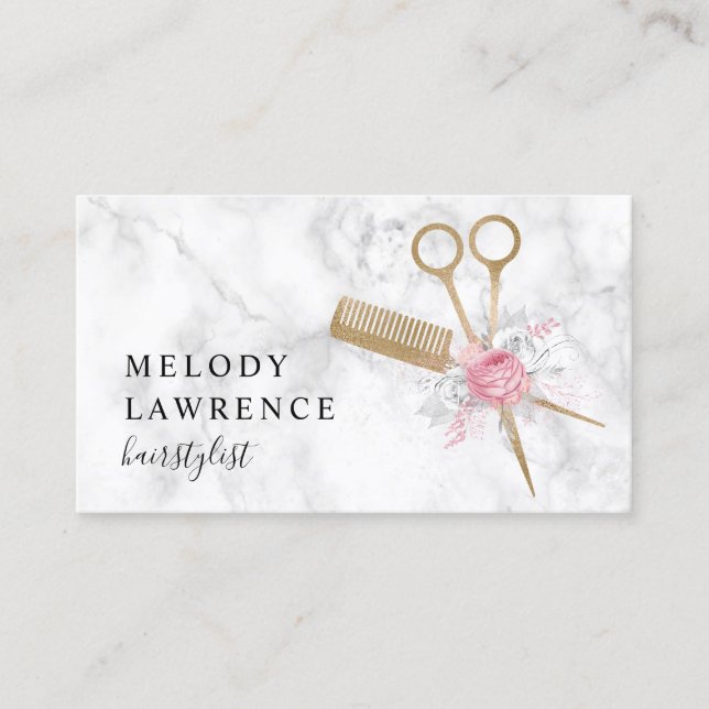 Elegant gold marble scissors & comb hairstylist business card (Front)