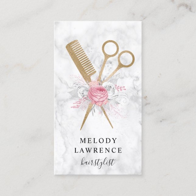 Elegant gold marble scissors & comb hairstylist business card (Front)