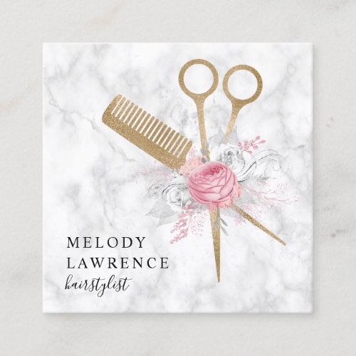 Elegant gold marble scissors  comb hairstylist square business card