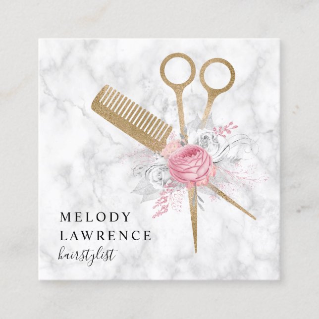 Elegant gold marble scissors & comb hairstylist square business card (Front)
