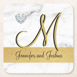 Elegant gold marble wedding gift favors - Monogram Square Paper Coaster