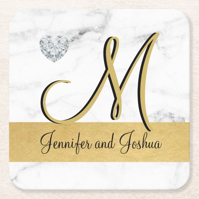 Elegant gold marble wedding gift favors - Monogram Square Paper Coaster (Front)
