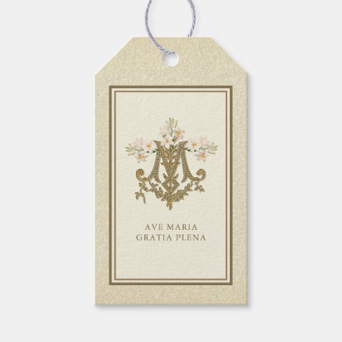 Elegant Gold Marian Monogram Religious Lilies Gift Tags