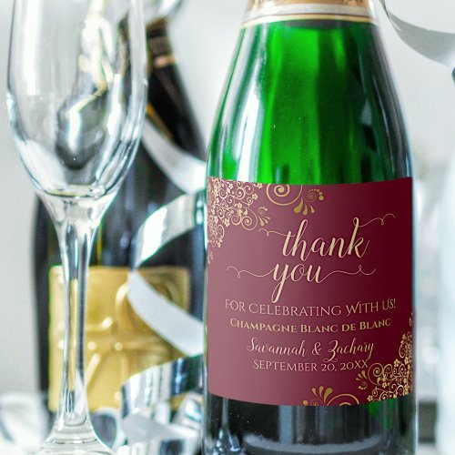 Elegant Gold  Maroon Burgundy Wedding Thank You Sparkling Wine Label