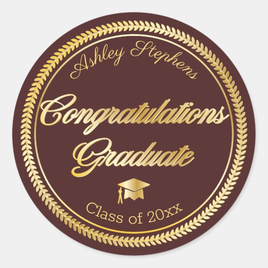 Elegant Gold | Maroon Grad Cap Class of 2021 Classic Round Sticker