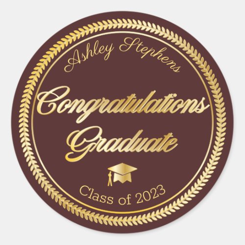 Elegant Gold  Maroon Grad Cap Class of 2023 Classic Round Sticker